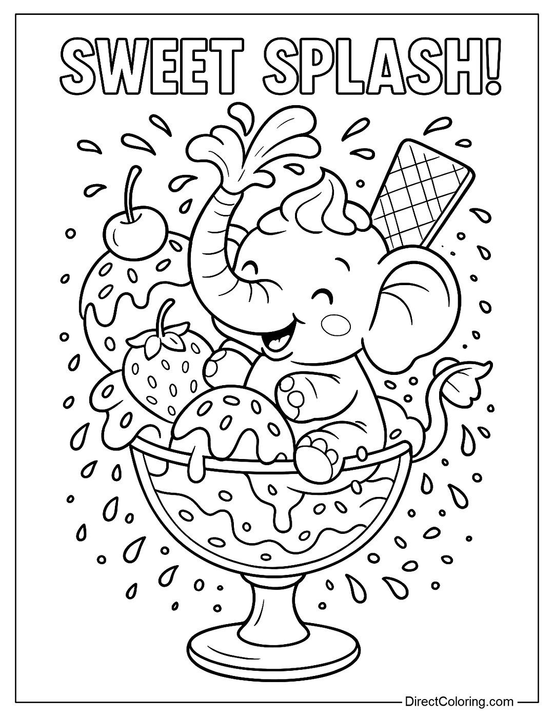 Coloring Page of Cute baby elephant sitting in a giant sundae glass, spraying whipped cream from its trunk, surrounded by sprinkles, fruit, and dripping sauce.
